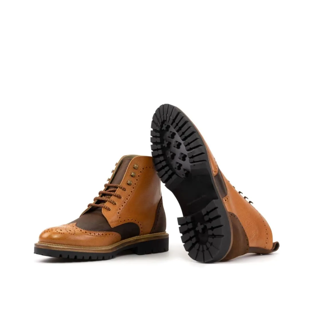 Bottines Derbies Brogue en cuir grainé gold et daim ciré - Semelles Commando