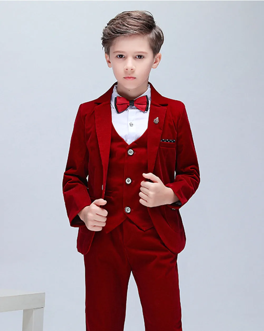 Boys' Red Corduroy Formal Suit  3 piece Dresswear suit set with jacket,pants and vest