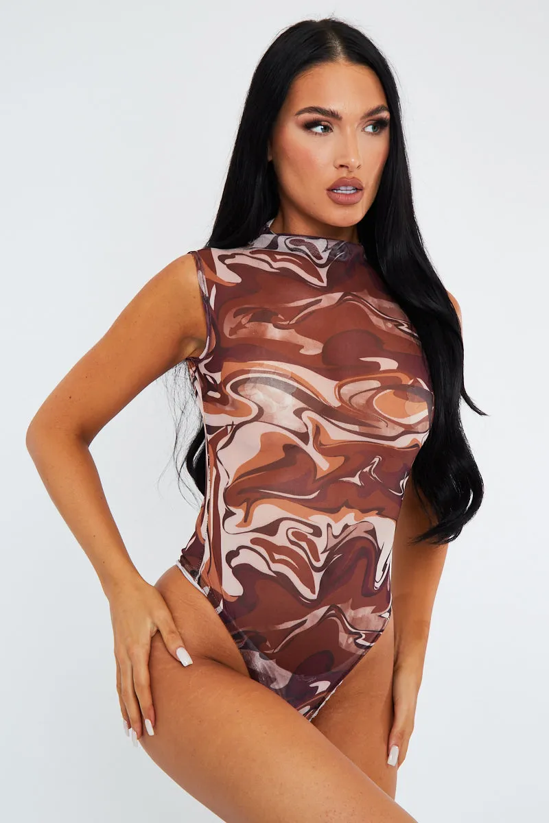Brown Marble Print Mesh High Neck Bodysuit - Rayanna