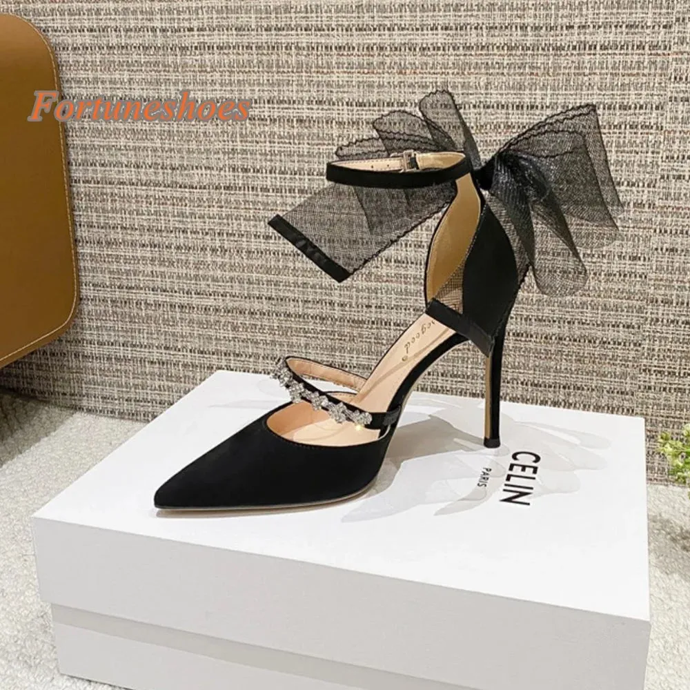 Butterfly Knot Belt Buckle Pointed Toe Women Pumps Narrow Band Solid Thin Heel Rhinestone Sandals 2025 New Fashion Casual Pumps