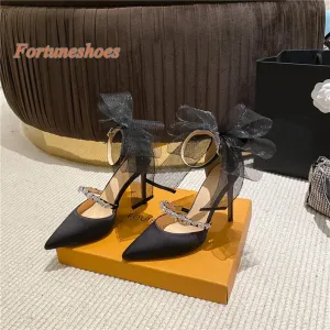 Butterfly Knot Belt Buckle Pointed Toe Women Pumps Narrow Band Solid Thin Heel Rhinestone Sandals 2025 New Fashion Casual Pumps