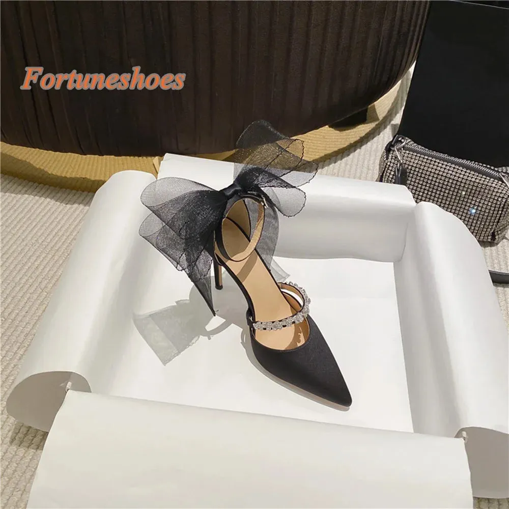 Butterfly Knot Belt Buckle Pointed Toe Women Pumps Narrow Band Solid Thin Heel Rhinestone Sandals 2025 New Fashion Casual Pumps
