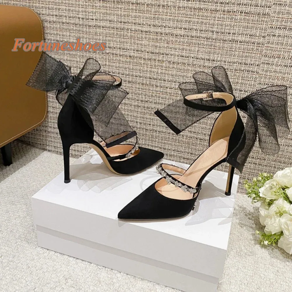 Butterfly Knot Belt Buckle Pointed Toe Women Pumps Narrow Band Solid Thin Heel Rhinestone Sandals 2025 New Fashion Casual Pumps