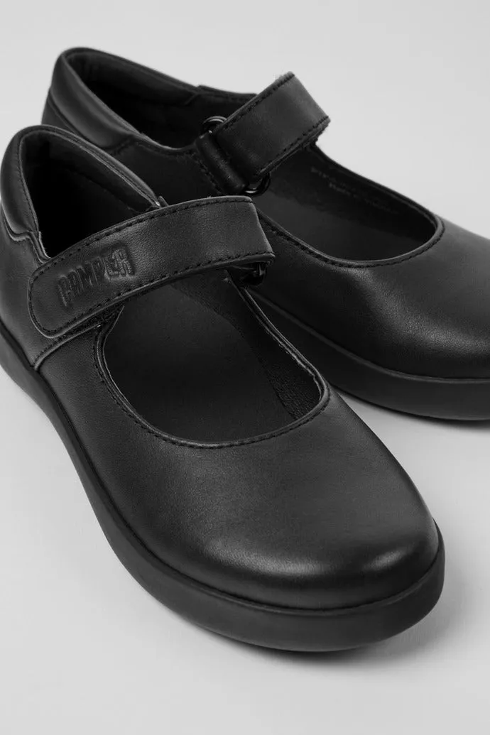 Camper Spiral - Black Leather Mary Jane Riptape School Shoe