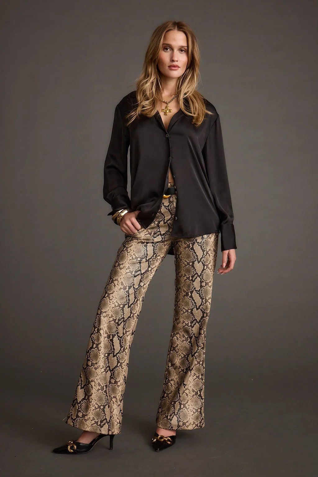 Cash Black Satin Button Down Top