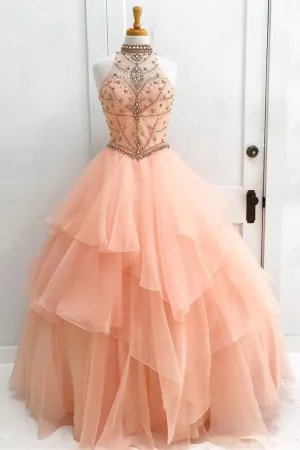 Chic A-line High Neck Sleeveless Open Back Beading Long Tulle Prom Dress Evening Dress  OHC273