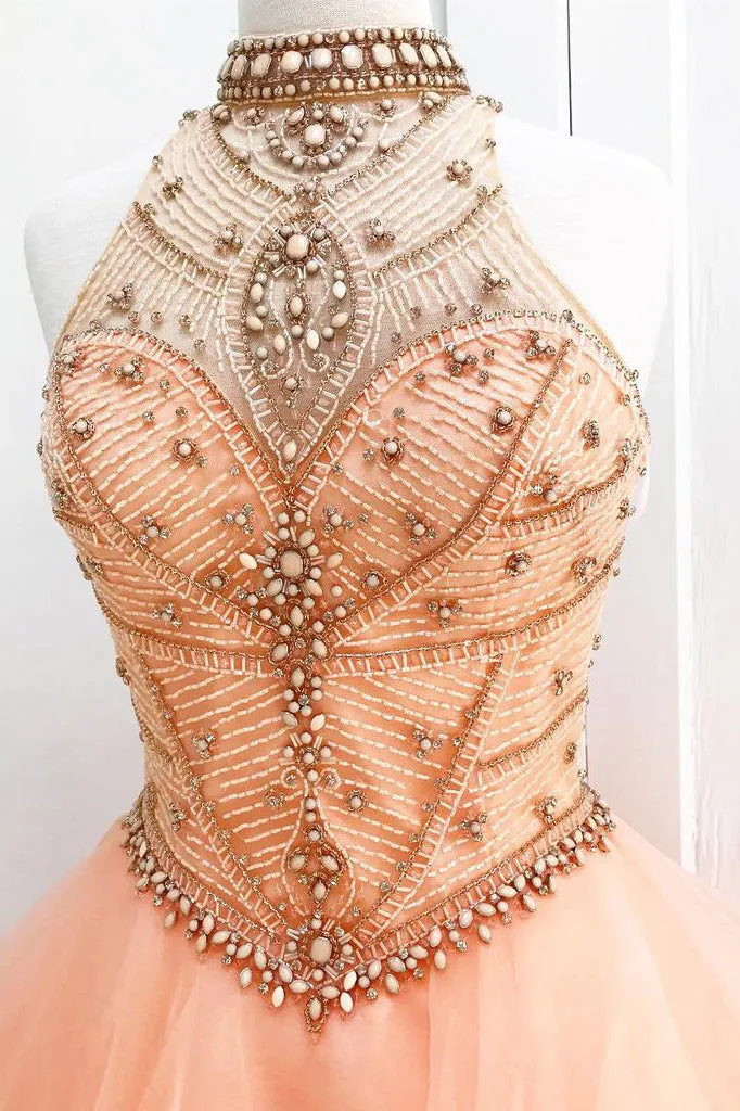 Chic A-line High Neck Sleeveless Open Back Beading Long Tulle Prom Dress Evening Dress  OHC273