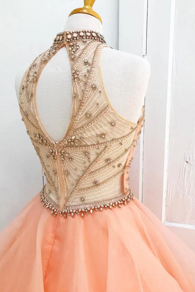 Chic A-line High Neck Sleeveless Open Back Beading Long Tulle Prom Dress Evening Dress  OHC273