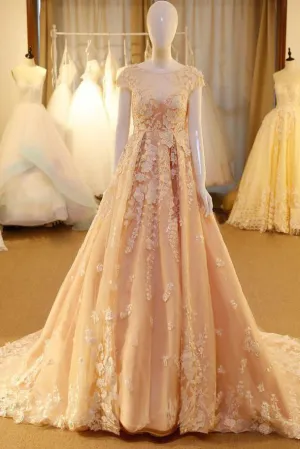 Chic A Line Scoop Sweep/Brush Train Sleeveless Long Tulle Bridal Gown Wedding Dresses with Appliques OHD170