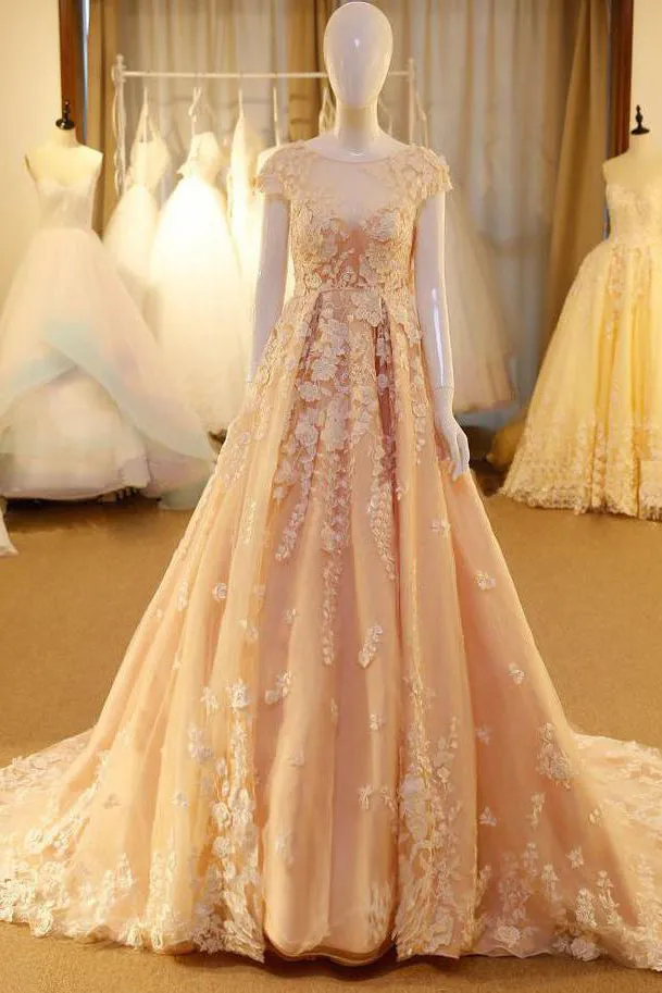 Chic A Line Scoop Sweep/Brush Train Sleeveless Long Tulle Bridal Gown Wedding Dresses with Appliques OHD170
