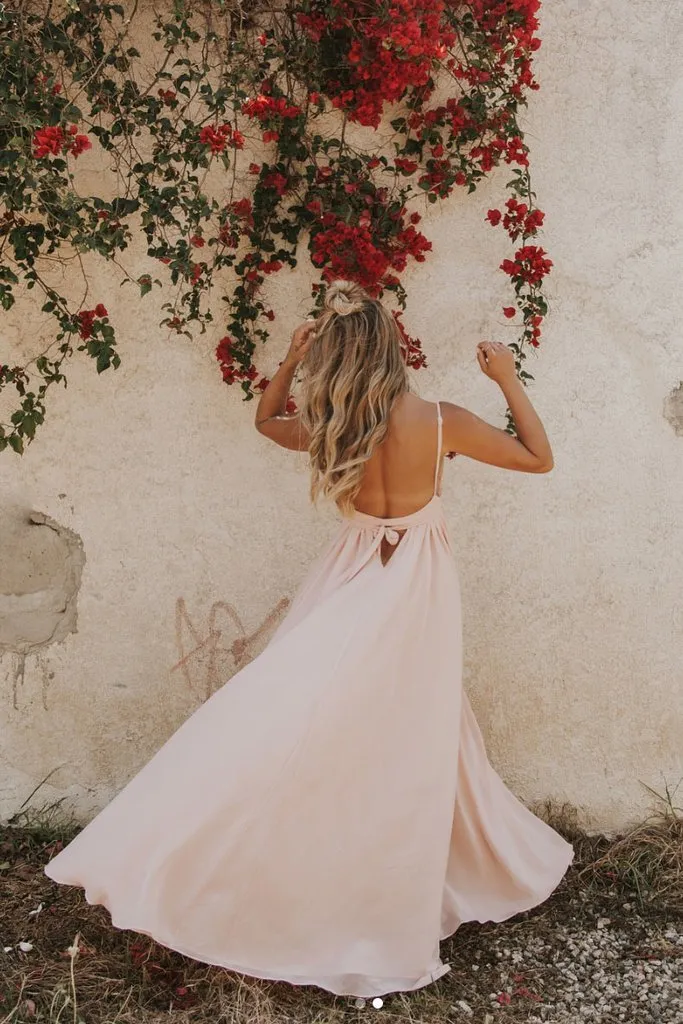 Chic A-line Spaghetti Straps Sleeveless Lace Applique Long Pink Chiffon Prom Dress Evening Dresses OHC292