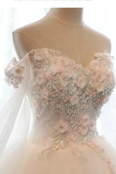 Chic Ball Gown Off-the-shoulder Sweep Train Long Sleeves Tulle Bridal Gown Wedding Dresses OHD148