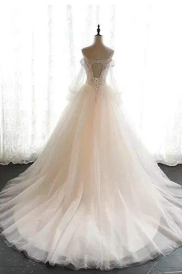 Chic Ball Gown Off-the-shoulder Sweep Train Long Sleeves Tulle Bridal Gown Wedding Dresses OHD148