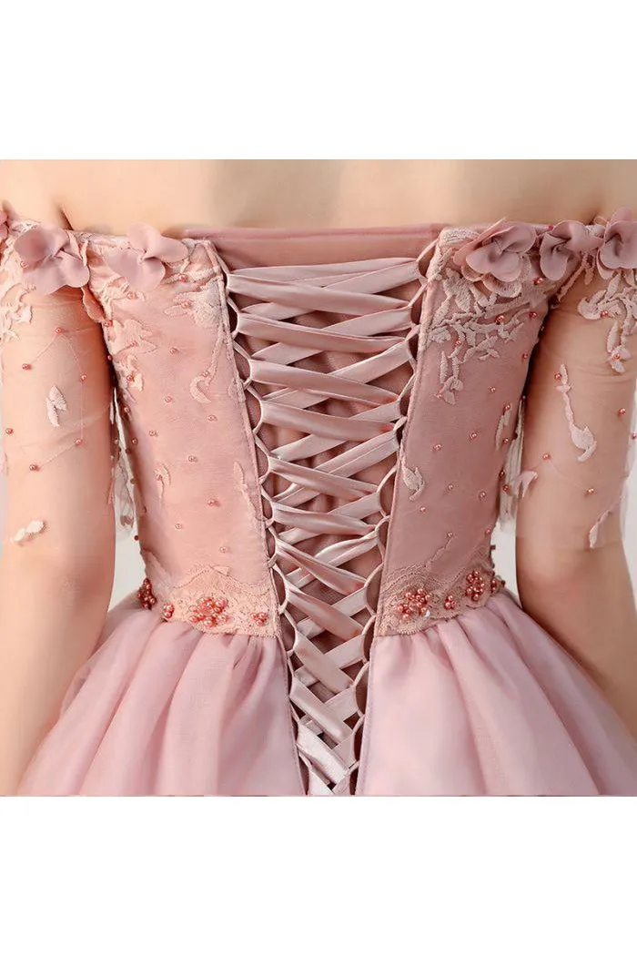 Chic Homecoming Dress Off-the-shoulder Beading Short Sleeves Tulle Short Prom Dress Party Dress OHM109