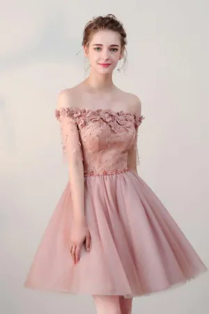 Chic Homecoming Dress Off-the-shoulder Beading Short Sleeves Tulle Short Prom Dress Party Dress OHM109