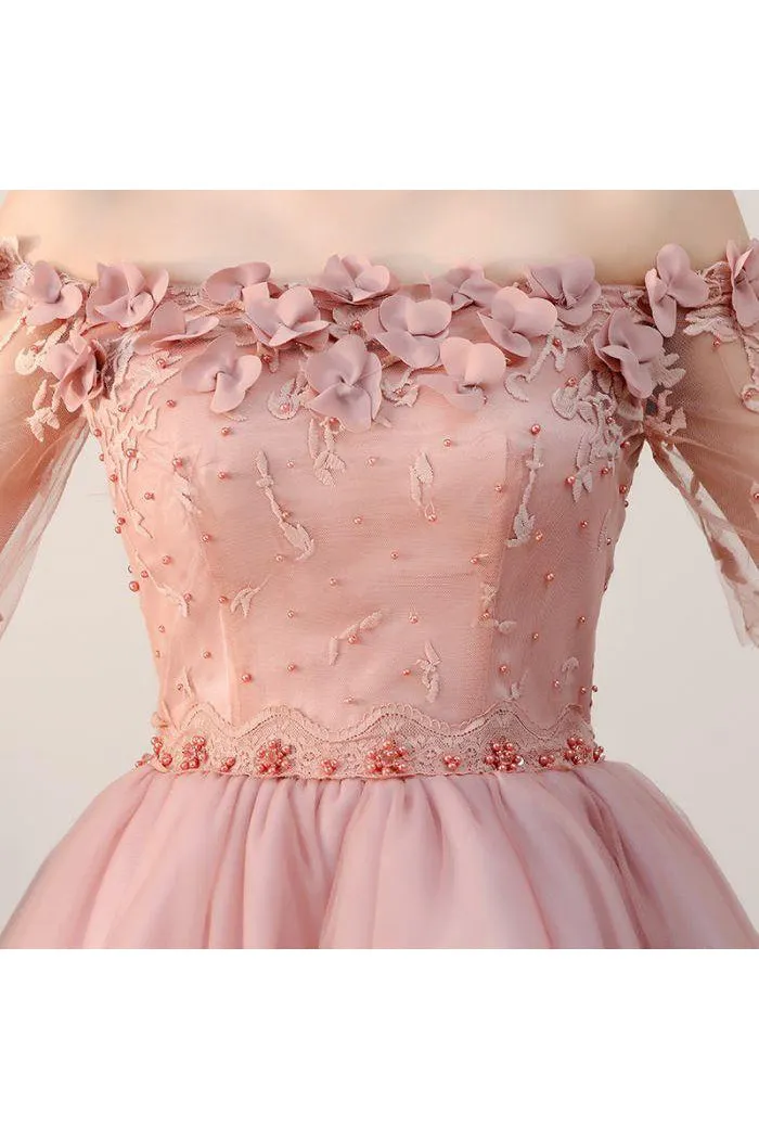 Chic Homecoming Dress Off-the-shoulder Beading Short Sleeves Tulle Short Prom Dress Party Dress OHM109