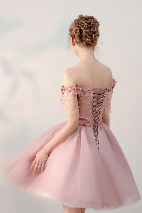 Chic Homecoming Dress Off-the-shoulder Beading Short Sleeves Tulle Short Prom Dress Party Dress OHM109