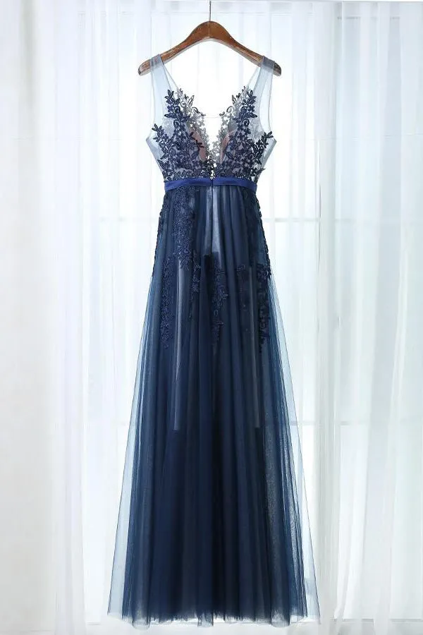 Chic Prom Dresses A-line Dark Navy Sleeveless Appliques Long Tulle Prom Dress/Evening Dress OHC301