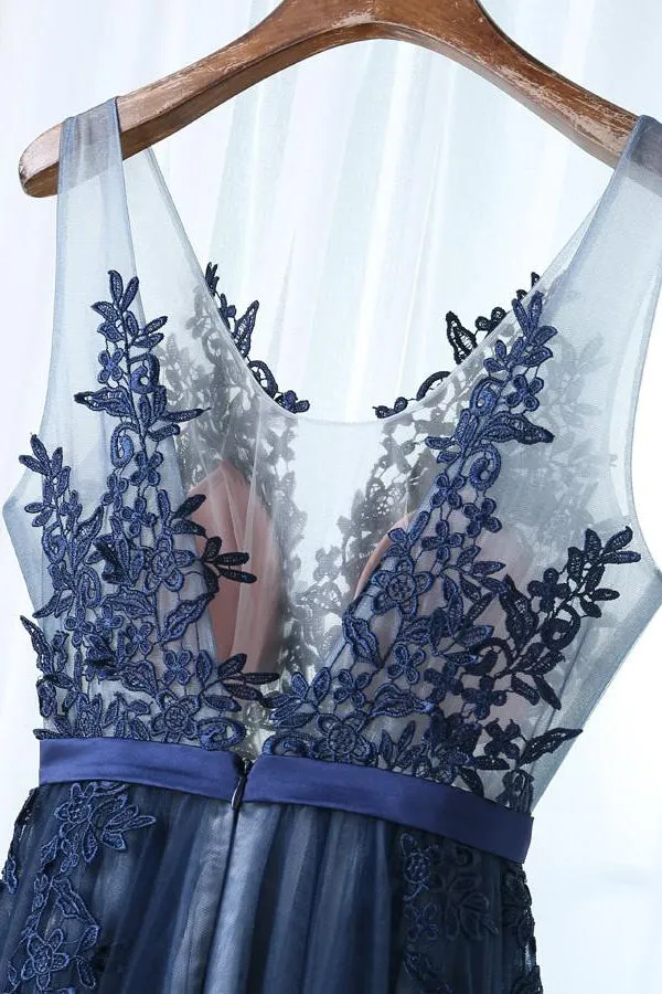 Chic Prom Dresses A-line Dark Navy Sleeveless Appliques Long Tulle Prom Dress/Evening Dress OHC301