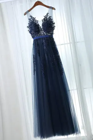 Chic Prom Dresses A-line Dark Navy Sleeveless Appliques Long Tulle Prom Dress/Evening Dress OHC301