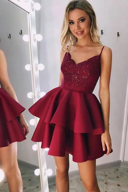 Chic Spaghetti Straps Burgundy Homecoming Dresses with Appliques OHM029