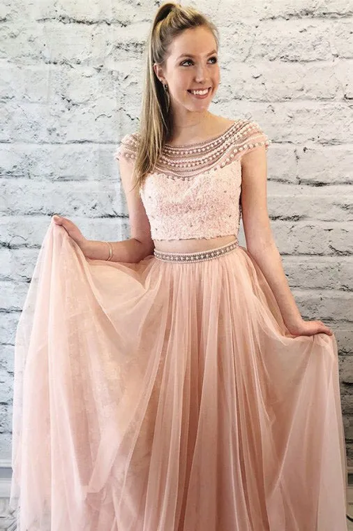 Chic Two Piece Round Neck Cap Sleeves Backless Prom Dress with Lace Beading OHC181