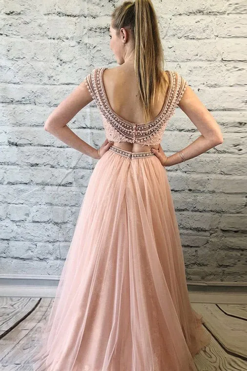 Chic Two Piece Round Neck Cap Sleeves Backless Prom Dress with Lace Beading OHC181