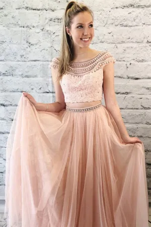 Chic Two Piece Round Neck Cap Sleeves Backless Prom Dress with Lace Beading OHC181