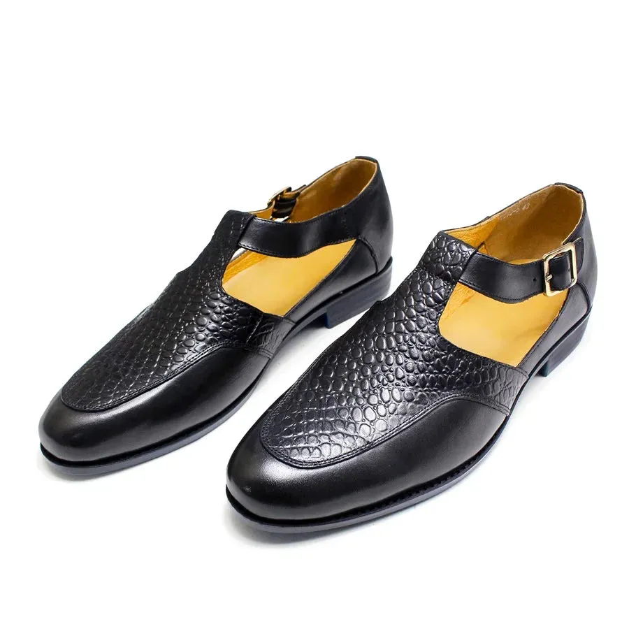 Comfortable Men  Leather Sandals Snake Print Pointed Dress Shoes Casual Buckle Handmade Leather Sandals Home Men's Leather Shoes