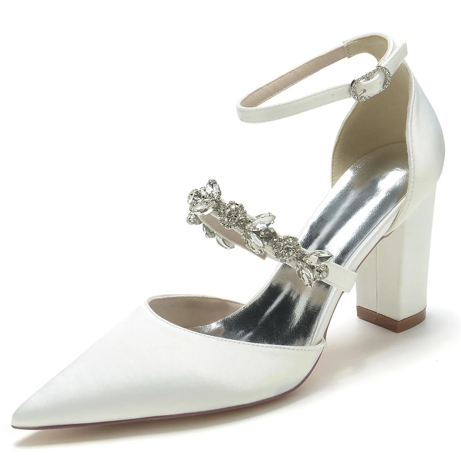 Elegant Satin Pointed Toe Evening Pumps with  Ankle Strap