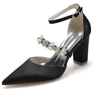 Elegant Satin Pointed Toe Evening Pumps with  Ankle Strap