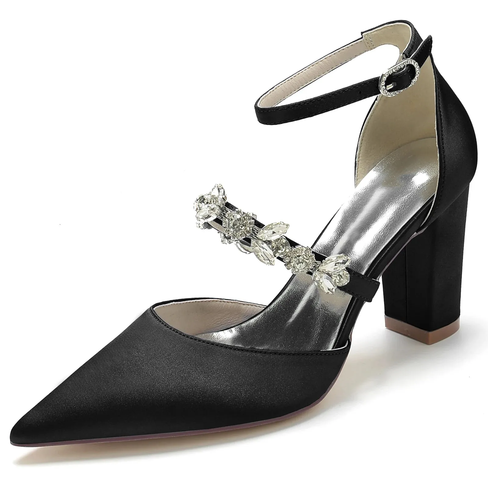 Elegant Satin Pointed Toe Evening Pumps with  Ankle Strap