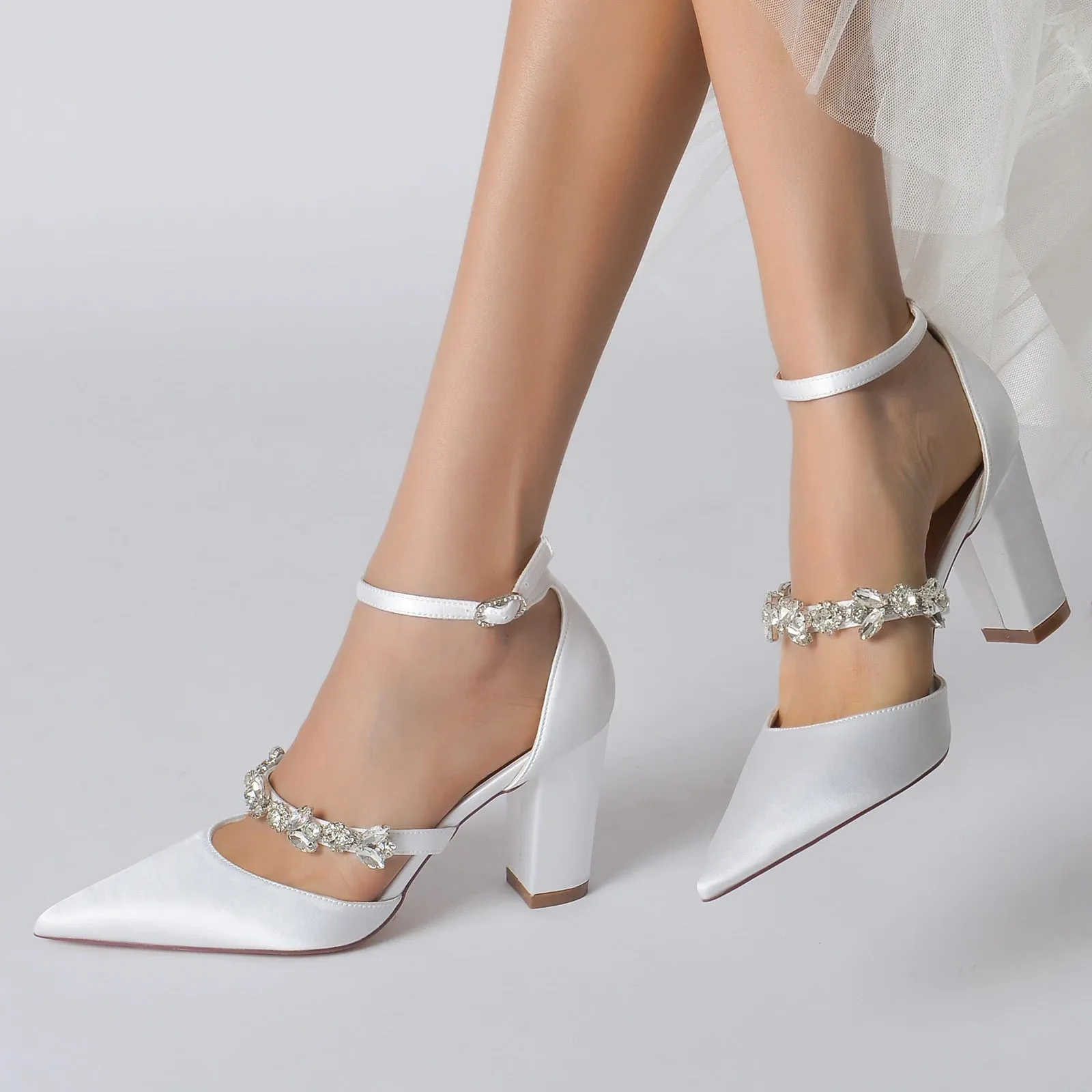 Elegant Satin Pointed Toe Evening Pumps with  Ankle Strap