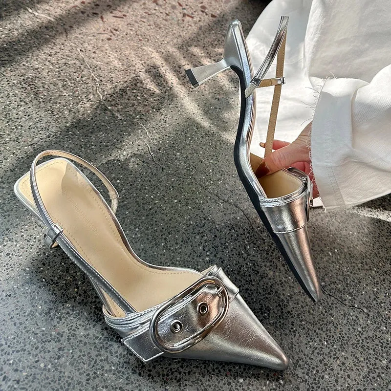 Fashion Ladies Shoes New High Heels Sandals Metal Buckle Pointed Toe Female Footwear Summer Design Pumps Women Heeled Shoes