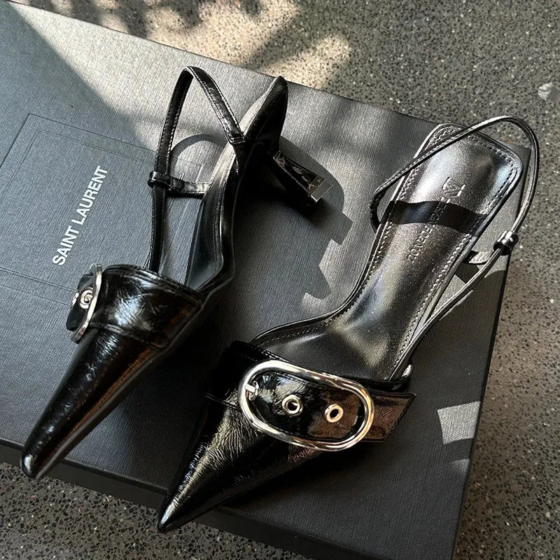 Fashion Ladies Shoes New High Heels Sandals Metal Buckle Pointed Toe Female Footwear Summer Design Pumps Women Heeled Shoes