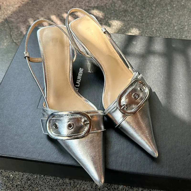 Fashion Ladies Shoes New High Heels Sandals Metal Buckle Pointed Toe Female Footwear Summer Design Pumps Women Heeled Shoes