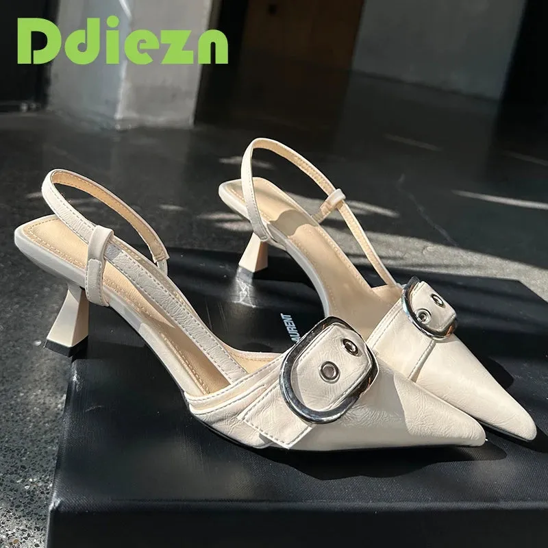 Fashion Ladies Shoes New High Heels Sandals Metal Buckle Pointed Toe Female Footwear Summer Design Pumps Women Heeled Shoes