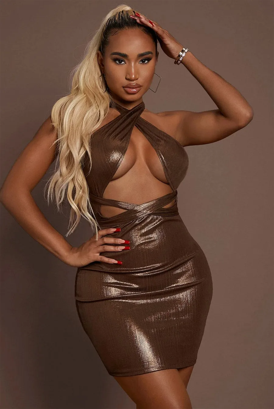 Gold Brown Metallic Wrap Cut out Sexy Dress
