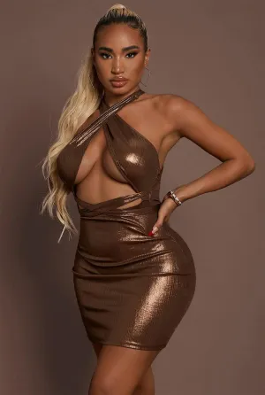 Gold Brown Metallic Wrap Cut out Sexy Dress
