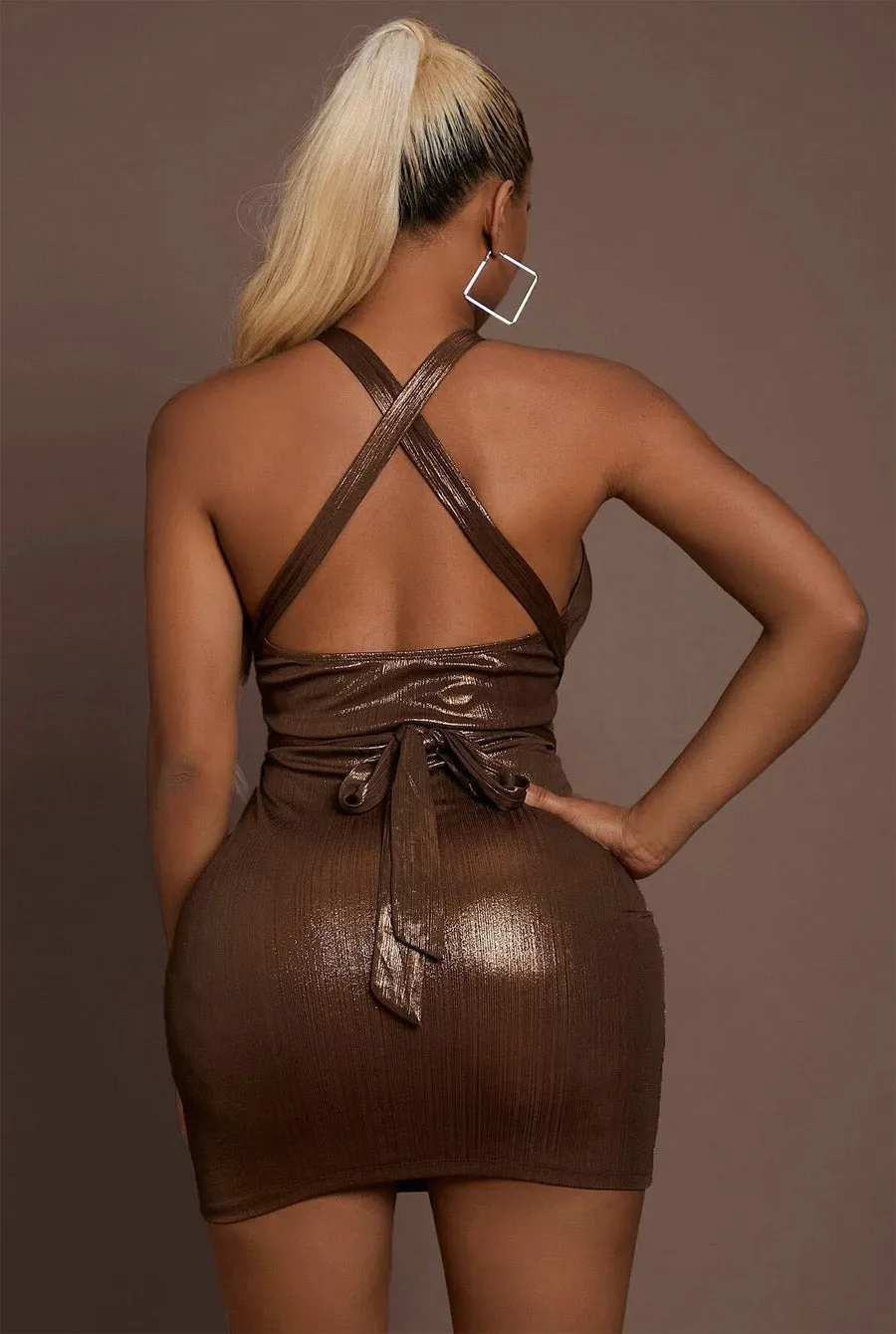 Gold Brown Metallic Wrap Cut out Sexy Dress