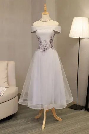 Gray A line off Shoulder Short Prom Dress,Appliques Homecoming Dresses For Girls OK454