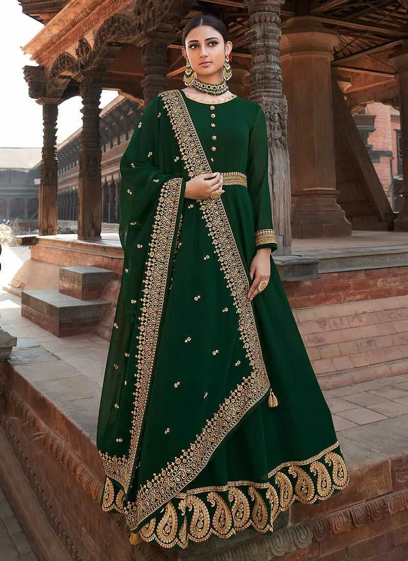 Green Embroidered Stylish Kalidar Gown Style Anarkali