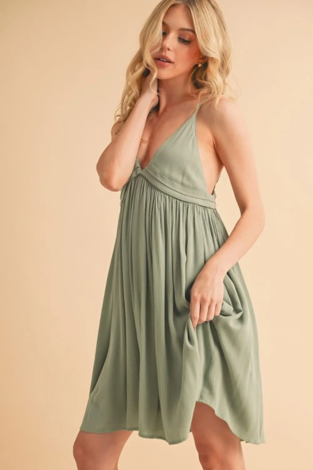 Green Ruched Plunge Mini Cami Dress