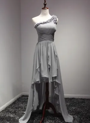 Grey One Shoulder Chiffon High Low Slit Homecoming Dress, Stylish Prom Dress, Women Formal Dress