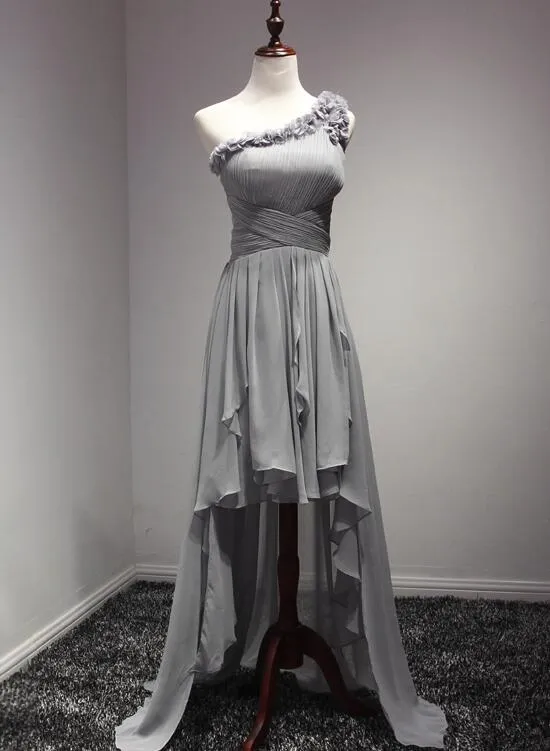 Grey One Shoulder Chiffon High Low Slit Homecoming Dress, Stylish Prom Dress, Women Formal Dress