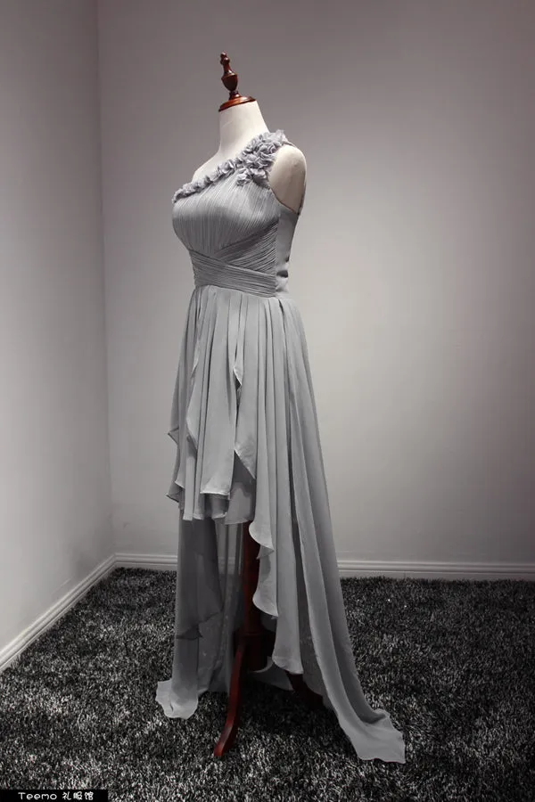 Grey One Shoulder Chiffon High Low Slit Homecoming Dress, Stylish Prom Dress, Women Formal Dress