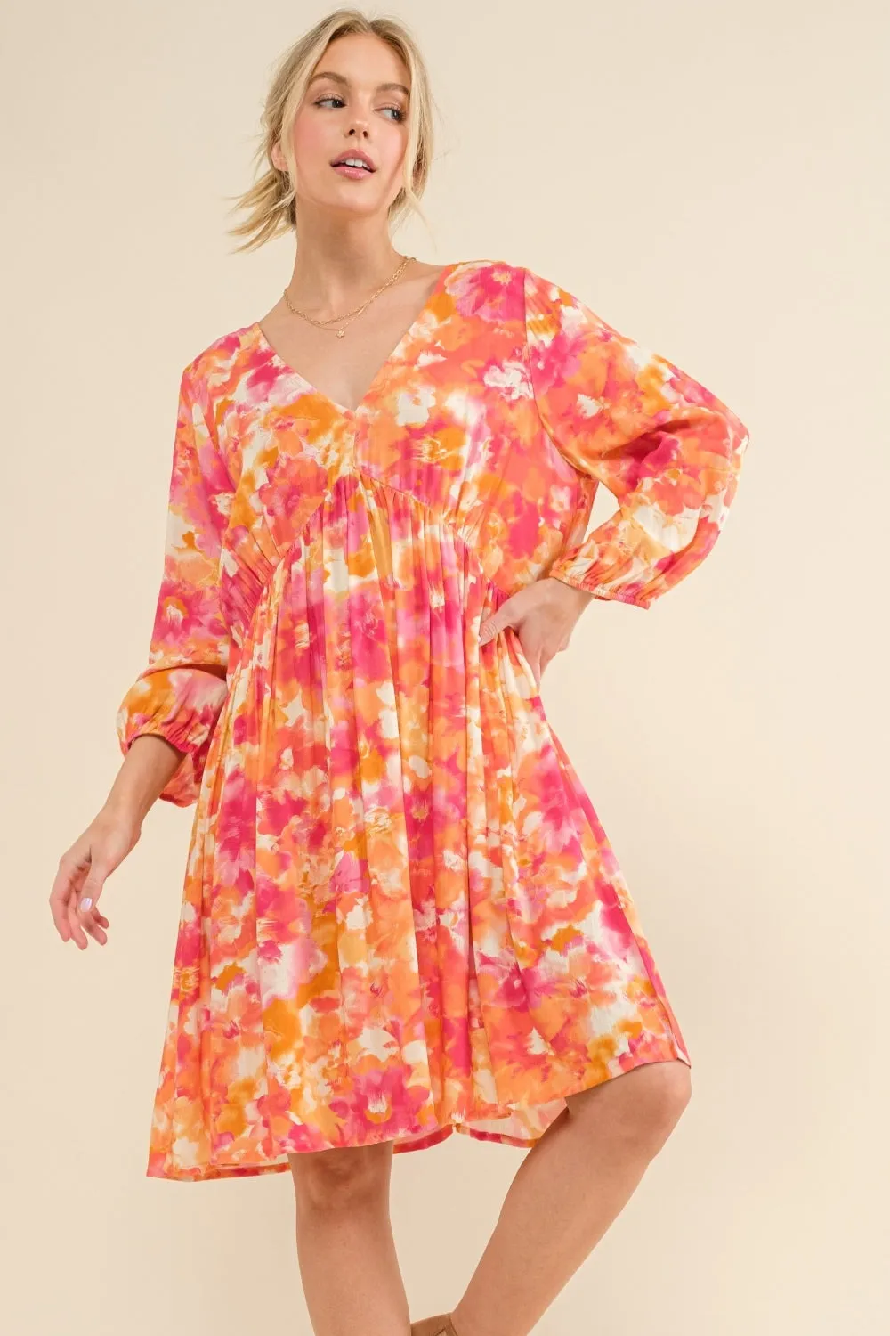 Hazel Blues® |  And The Why Printed Tie Back Long Sleeve Dress