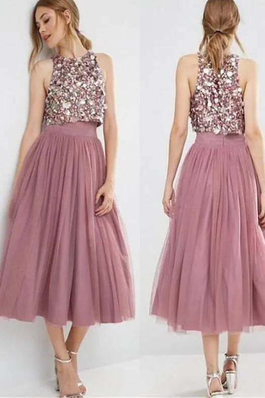 Jewel Neck Tea Length Dusty Rose A Line Homecoming Dress HD0074