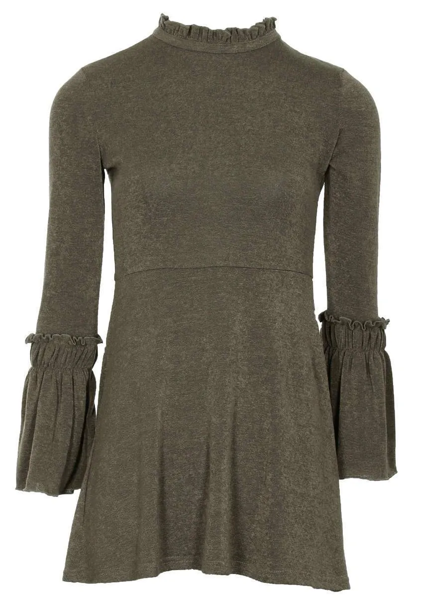 Khaki High Neck Bell Sleeve Tunic