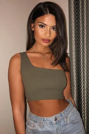 Khaki One Shouldered Crop Top - Kamri